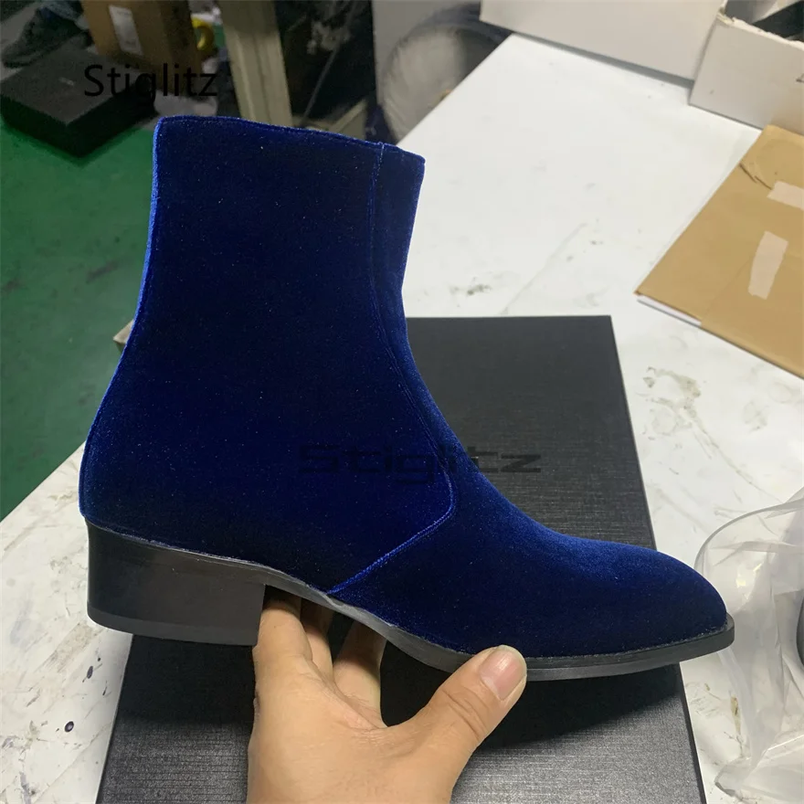 Blue Velvet Ankle Boots for Men Pointy Side Zip Chelsea Boots Trendy Med Heel Suede Handmade Fashion Business Party Shoes