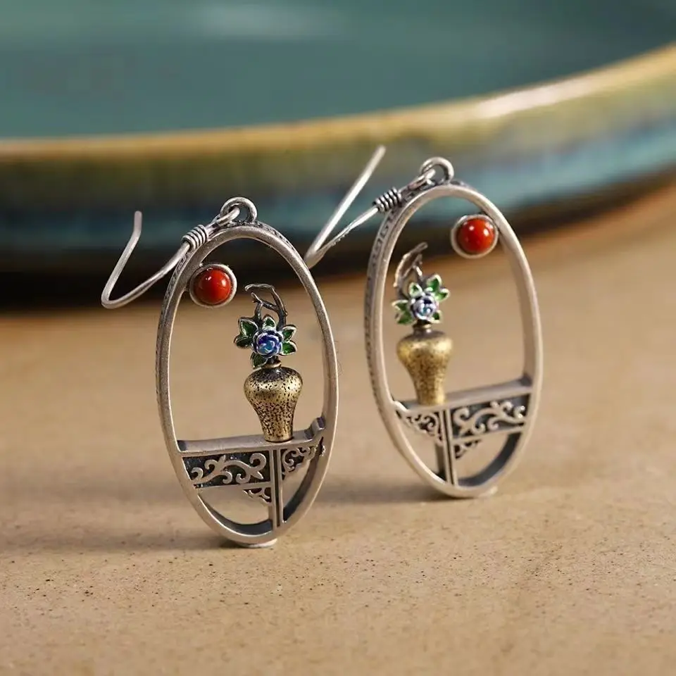 Colourful Flower Earring Designer Silver 925 Enamel Flower Earrings Hollow Circle Design Carved Pattern Dangle Earrings