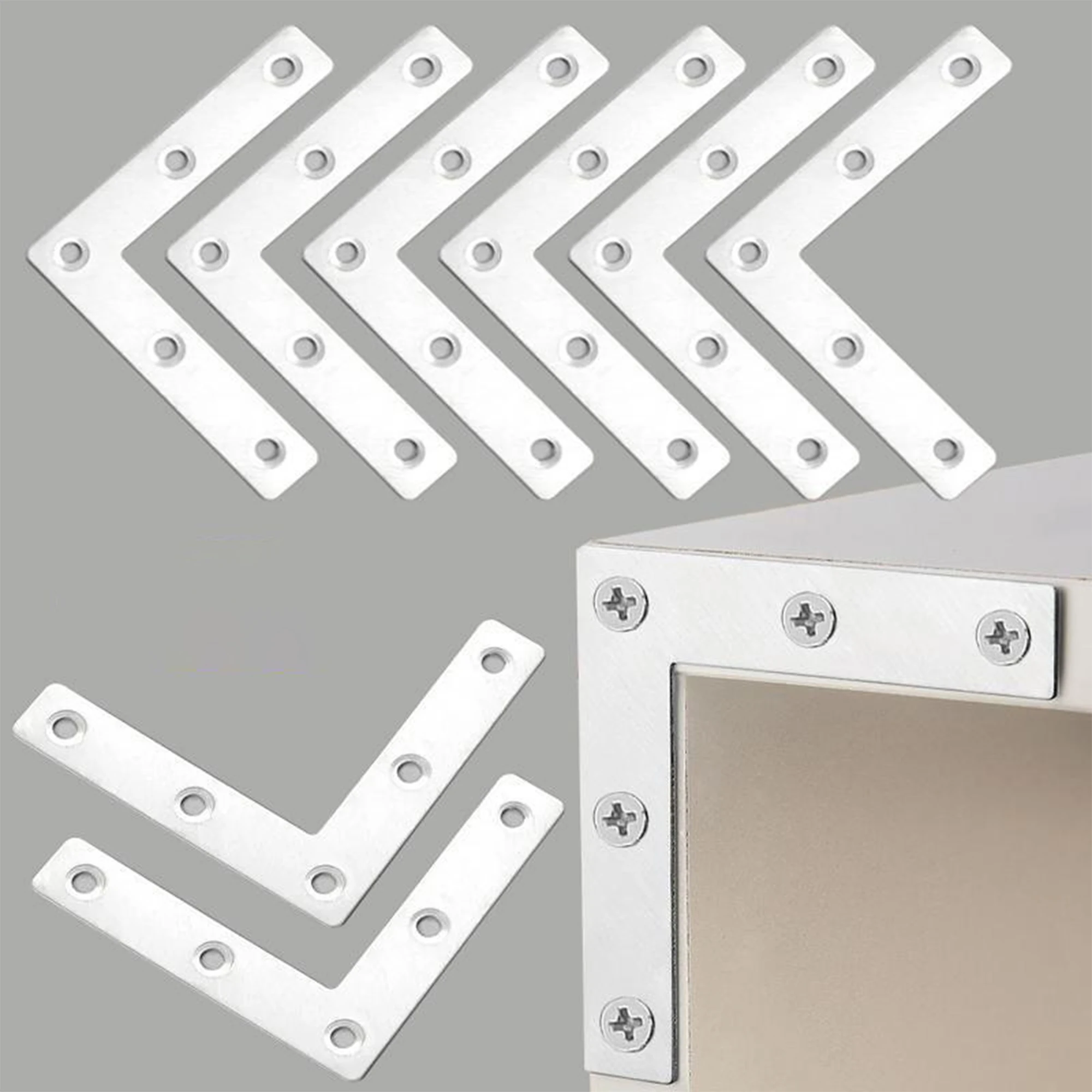 L Shape Flat Metal Frame Bracket, 90 Degree Right Angle Corner Brace, Stainless Steel Mending Plate for Wood