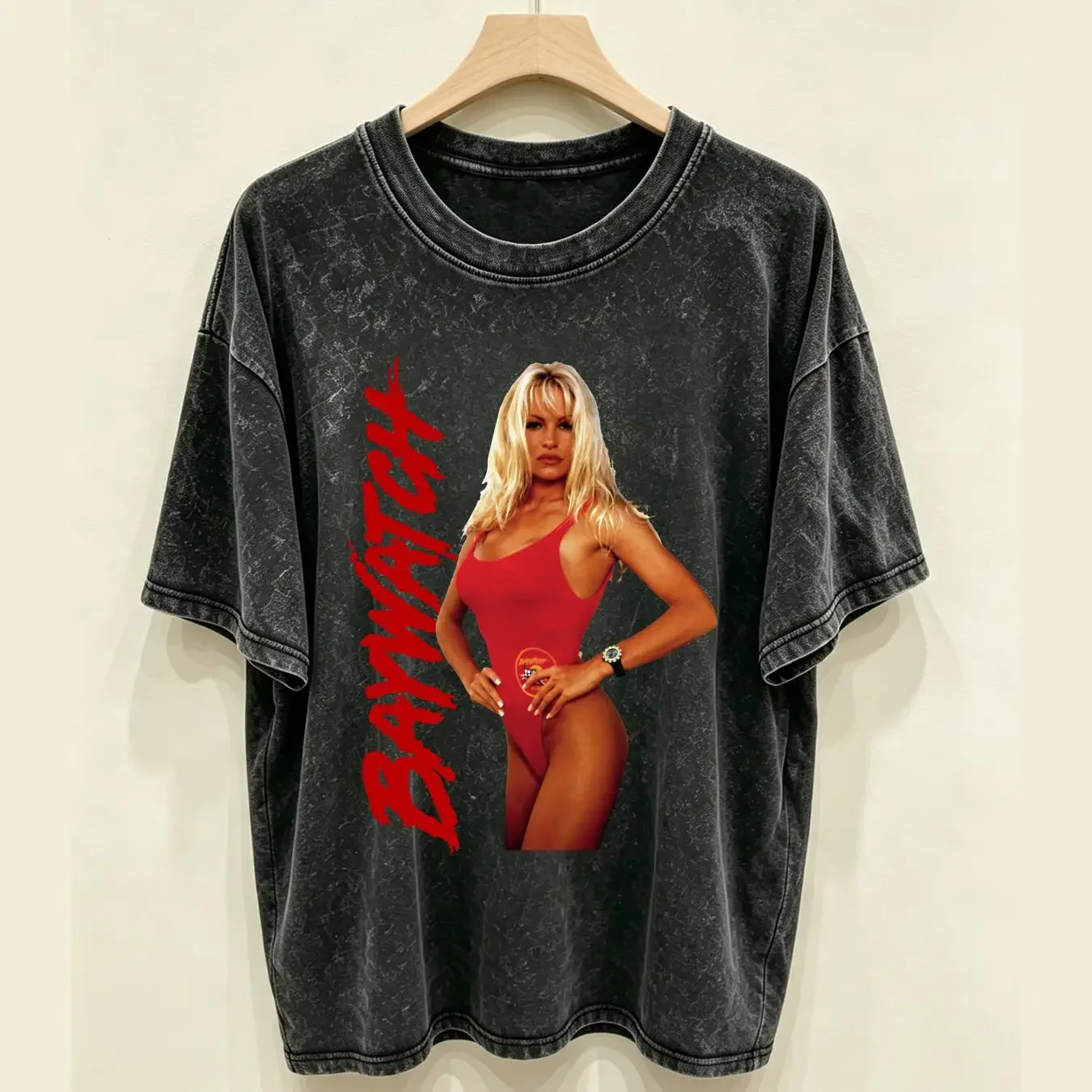 washed T Shirt Baywatch Pamela Anderson Men's Vest Beach Babe Lifeguard CJ Parker Wham vintage Washed Casual Versatile Slightly