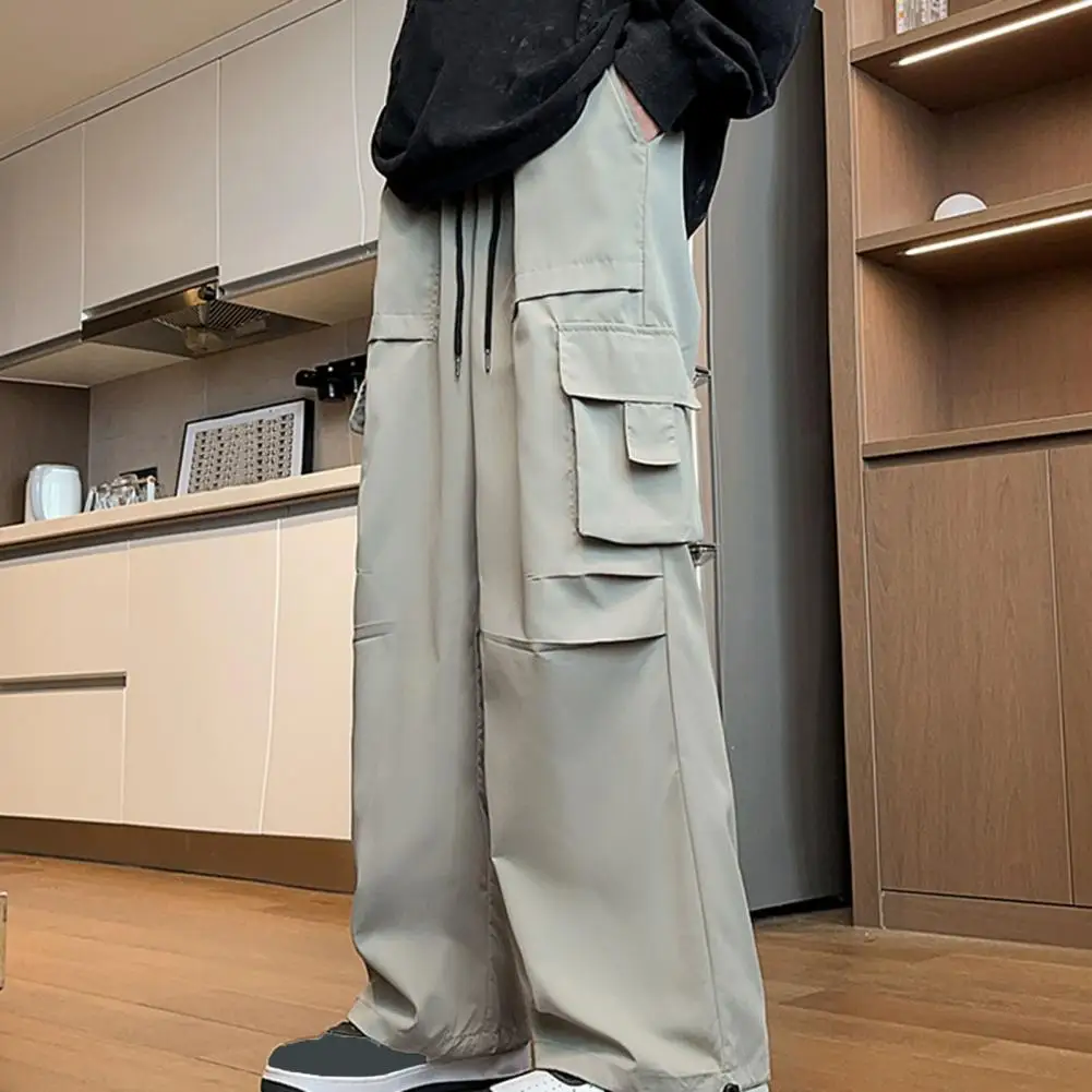 

Casual Straight-leg Pants Streetwear Men's Cargo Pants with Multiple Pockets Elastic Waist Wide Leg Design for Outdoor