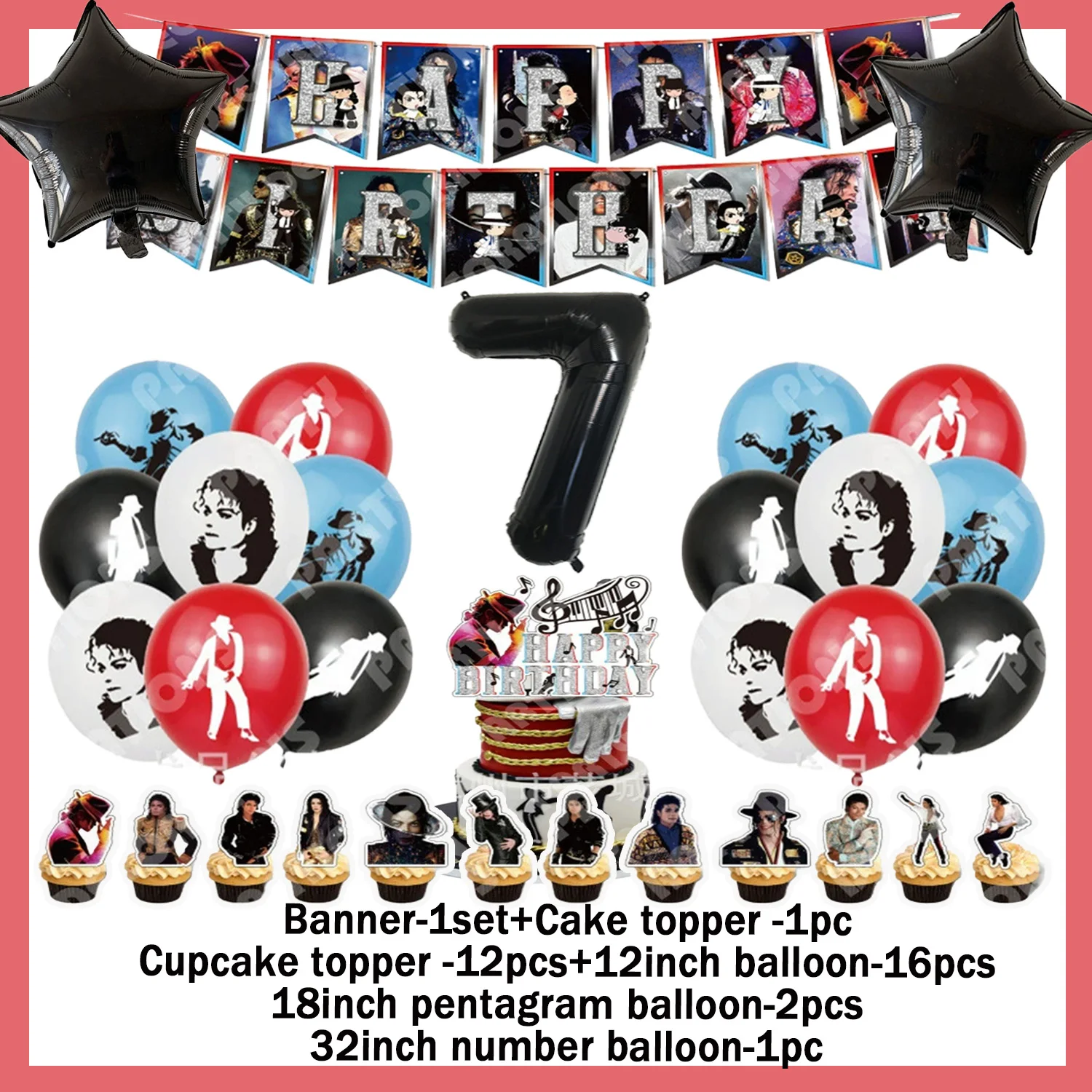 M-Michael Jackson Themen-Geburtstagsparty-Zubehör Deko-Ballon Hip-Hop-Hintergrund Tortendekoration Banner Kinder 1. Geburtstag Geschenk – Detail 4