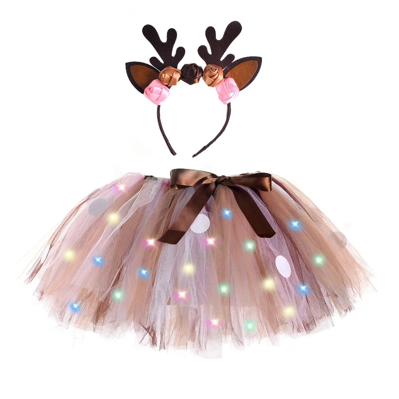 

Hot New Elk LED Lights tutu skirt With Headband Brown and Pink Girls Cartoon Sequins Deer Cute Girls Halloween Tutu Skirt Set