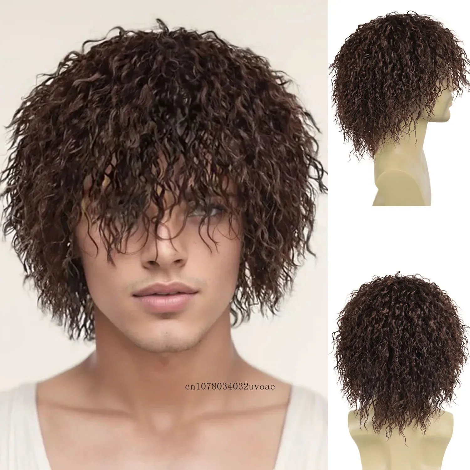 

Synthetic Fiber Short Curly Brown Wigs for Men Fluffy Perm Hair Wigs with Bangs Daily Party Cosplay 80s Costume Heat Resistant
