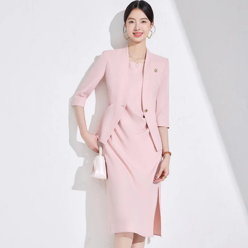

Розовый женский костюм 2025: Новинка! Летний комплект из платья-блейзера с рукавом три четверти и универсальной рабочей одежды
