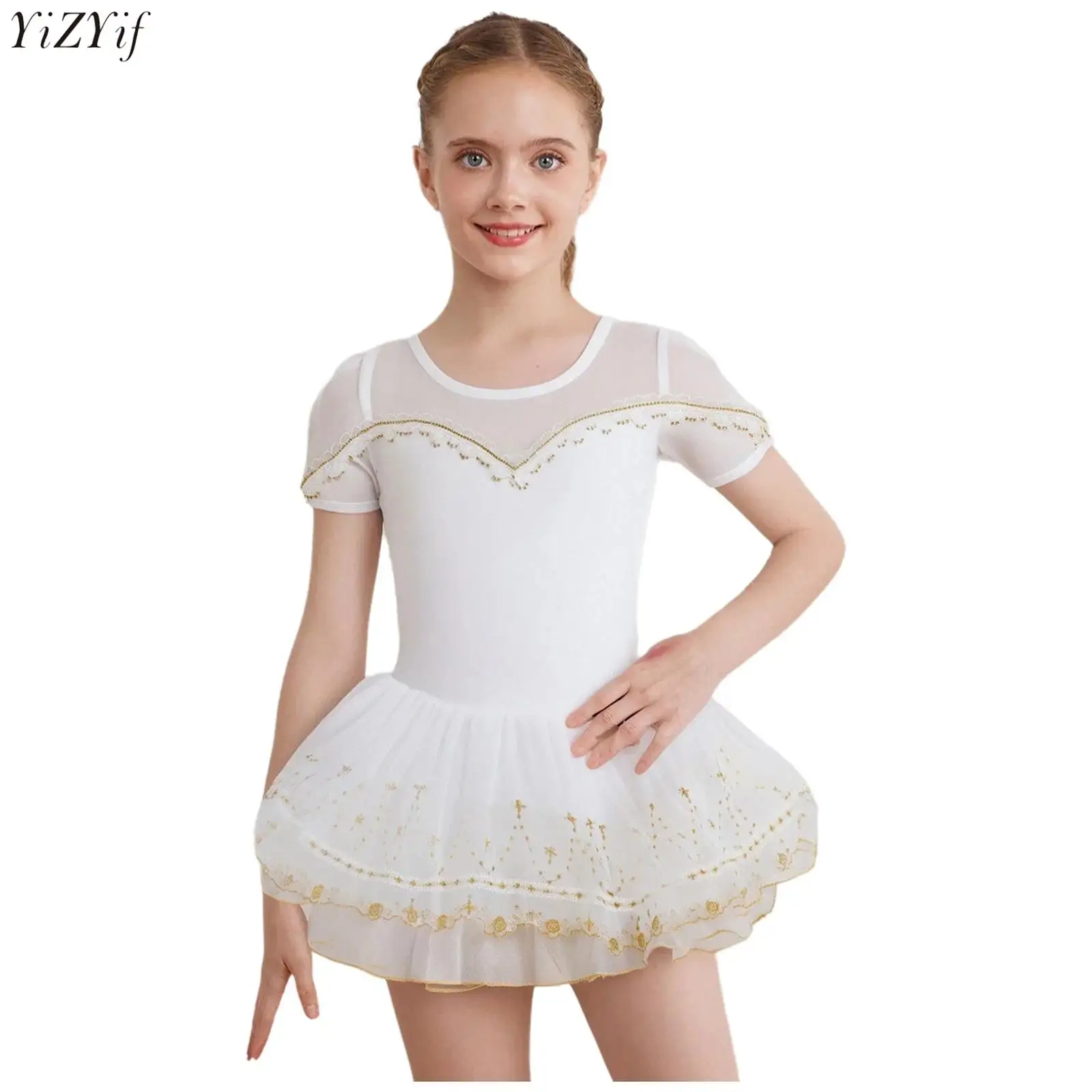 

Kids Girls Ballet Dance Dress Short Sleeve Sheer Mesh Lace Trim Embroidery Hem Tutu Dress Ballerina Stage Performance Costume
