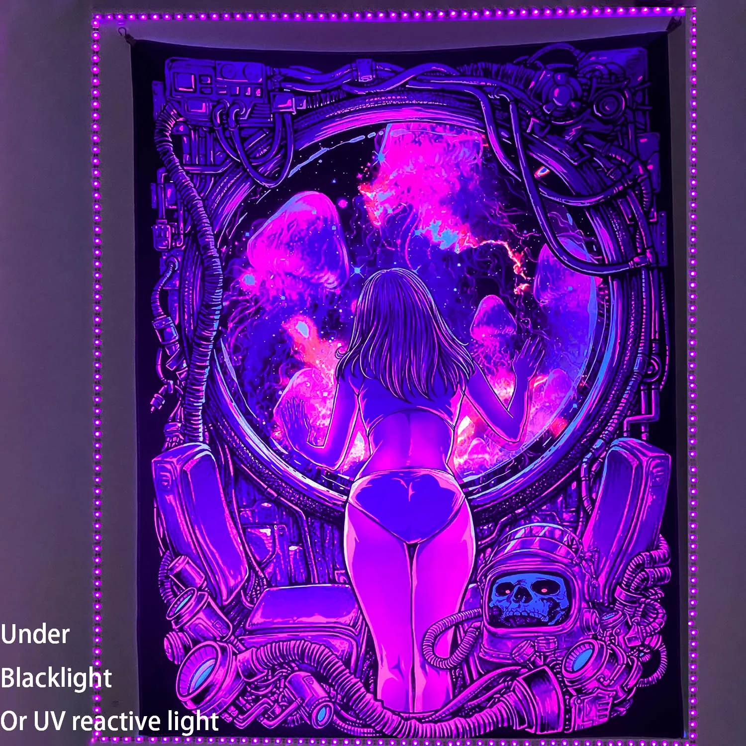 Canvas Purple Girl Looking At Jellyfish with Skulls UV Reactive Galaxy Space Tapestries Ideal for Wall Hanging in Bedroom Décor