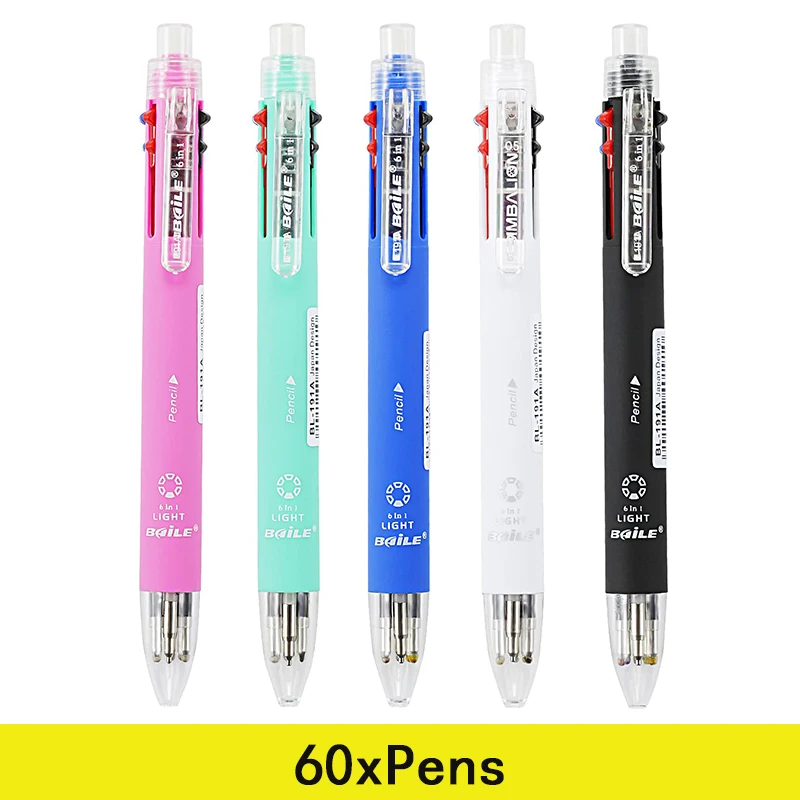 

60Pcs Multicolor Ballpoint Pens Replaceable Pen Refills Automatic Pencil Lead Kawaii Stationery Top Eraser