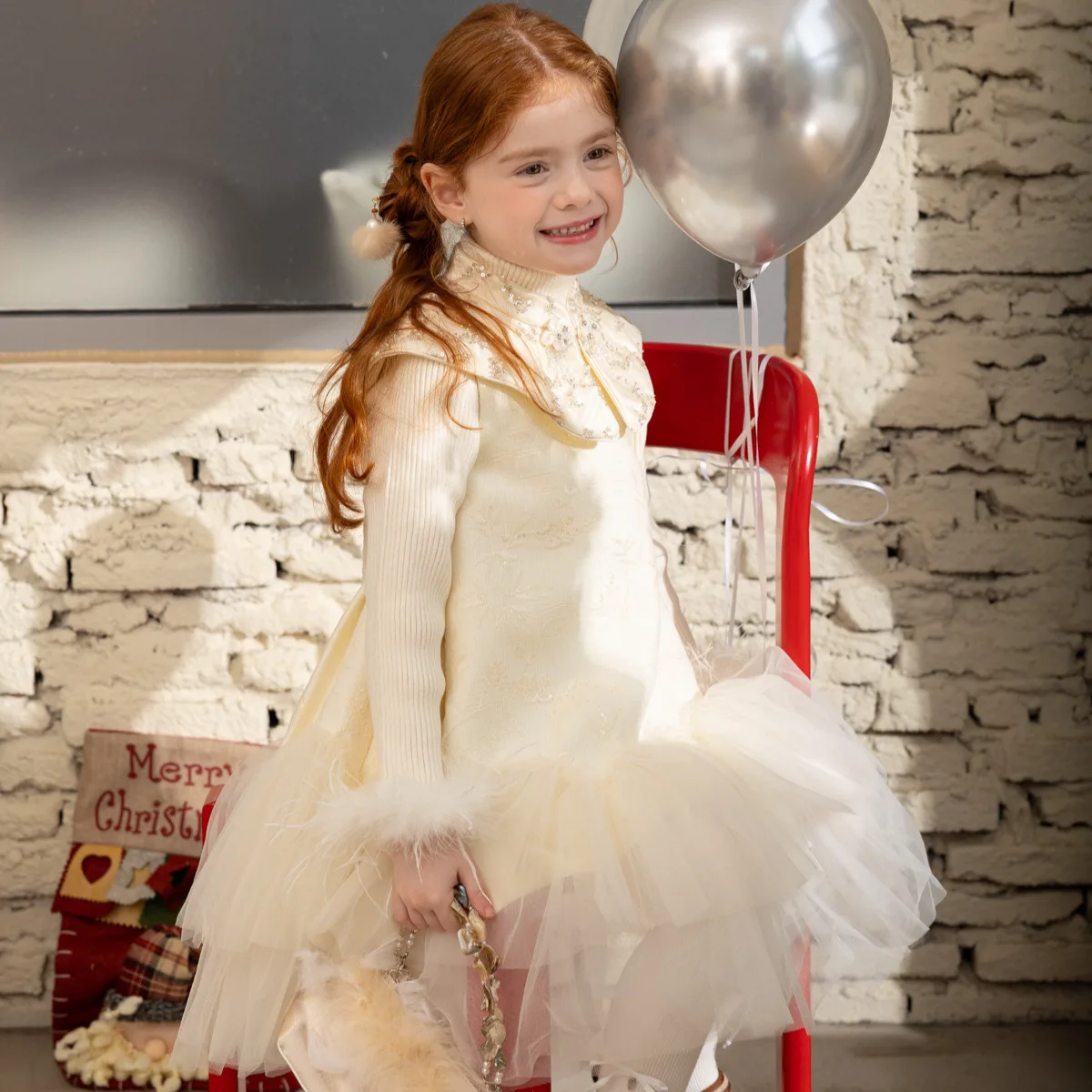 

Girls Dress 2025 Autumn Winter New Fashionable Sweet Faux Fur New Chinese Style Mesh Patchwork Sleeveless Dress