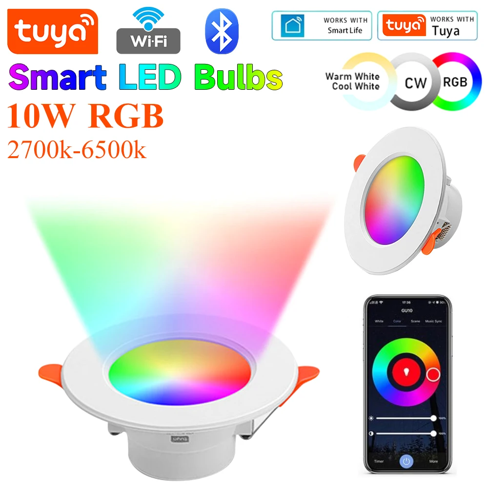 10W RGB Smart Spotlight Bluetooth-Compatible Recessed Ceiling Lamp Dimmable Recessed Down Light for Living Room Bedroom Decor