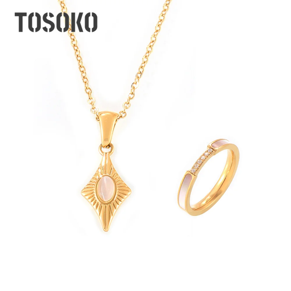 TOSOKO Four Pointed Star Cat Eye Stone Pendant Collarbone Chain Sea Shell Ring Stainless Steel Set BSP1872-A143