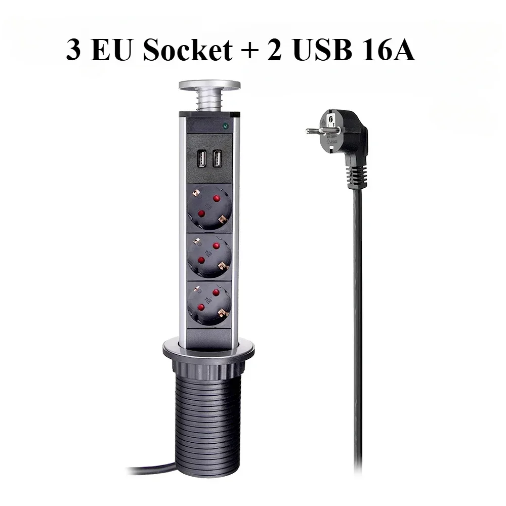 Retractable Wallpad Pop Up Desktop Socket 3 Outlets 2.4A USB Ports 2M Extension Plug Aluminum Body For Kitchen Table
