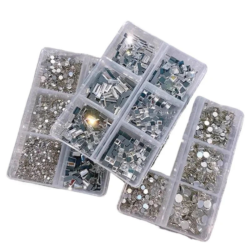 

*Nail art flat bottom drill size mixed small round diamond square strip drill nail glass rhinestone jewelry