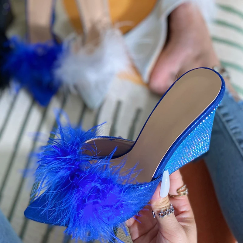 Eilyken Feather Fur Wedges Slippers Sandals Women Pointed Toe Mules Slides Female Pumps Summer Zapatillas De Mujer