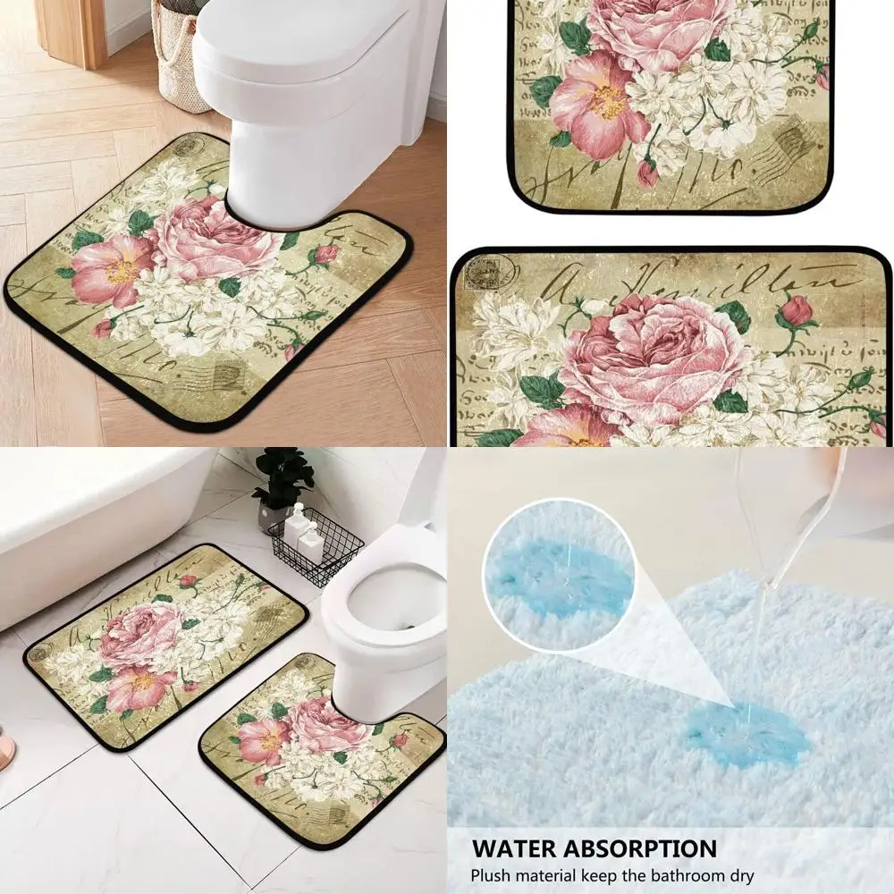 

2-Piece Pink Floral Shabby Chic Bath Rug Set with Non-Slip Runner and Contour Mat, Absorbent, Washable