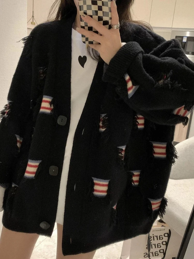 

Korobov autumn Korean fashion irregular single breasted contrast color Jacquard loose Tassel knitted Cardigan