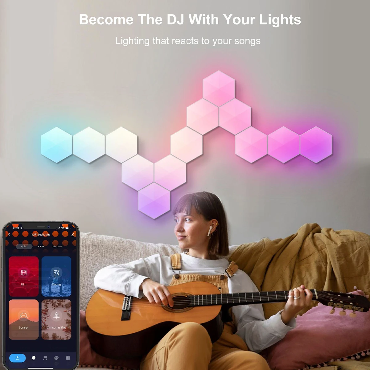 RGB Hexagon Wall Lamp Intelligent Color Change APP Control Music Rhythm Ambient Night Light For Game Room Bedroom Bedside Decor