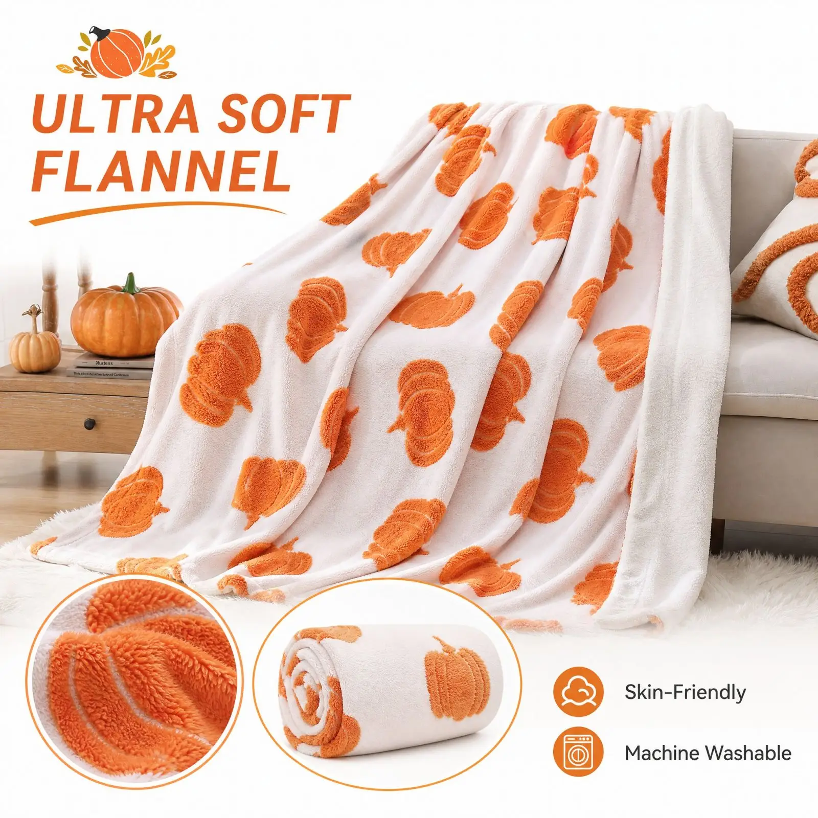 Soft Warm Pumpkin Velvet Throw Blanket Autumn Sofa Bed Cover Rustic Farmhouses Couch Lap Blanket Home Decorations