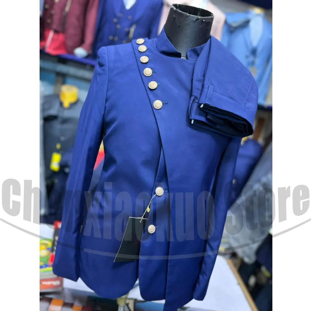 Royal Blue Men Suits Military Style Stand Collar Asymmetrical Single Breasted Outfits Formal Wedding Party Business Male Suit