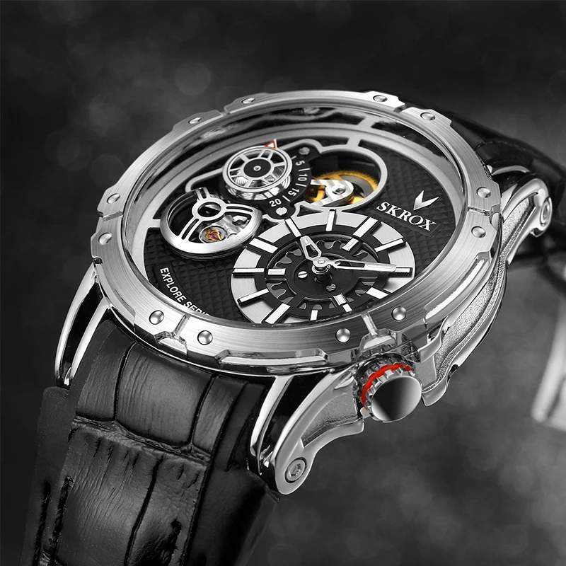 Forsining Doulbe Movement Automatic Mechanical Watches 30M Waterproof Luminous Hands Clock for Male Fashion Men Black Watch