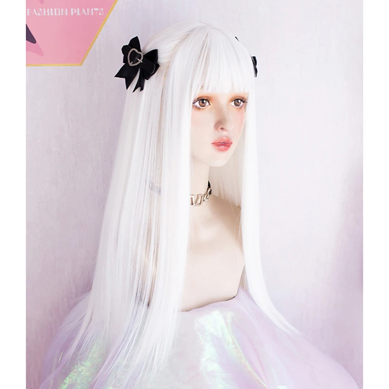 باروكة نسائية بيضاء طويلة مستقيمة على طراز لوليتا مع فرقعة صناعية مقاومة للحرارة للحفلات التنكرية يوميًا