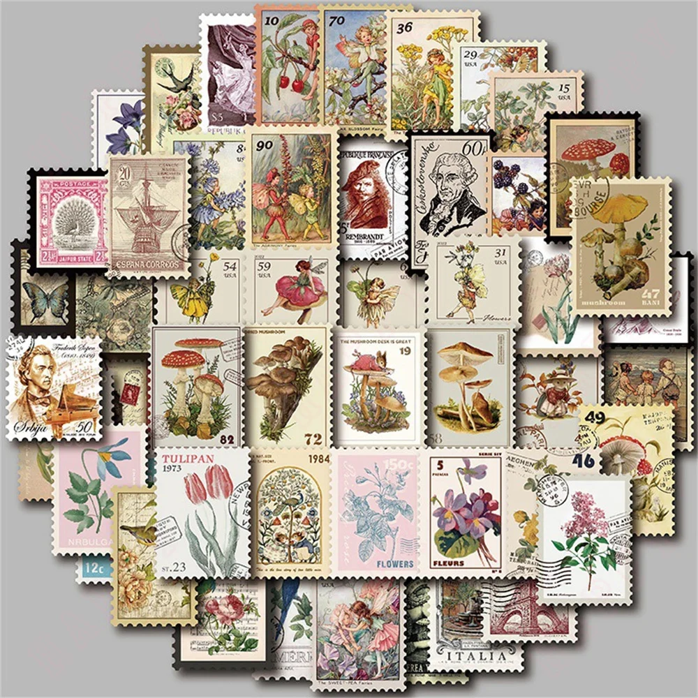 50stamps effect handbook stickers vintage landscape hand-painted oil painting style handbook sticker for women Kids Cane Sticker