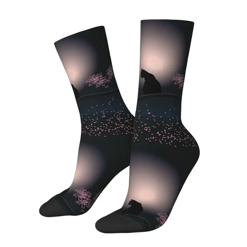 Custom Black Cat On A Beautiful Night With Full Moon Men's Crew Socks Unisex Cute 3D Printing Dress Socks