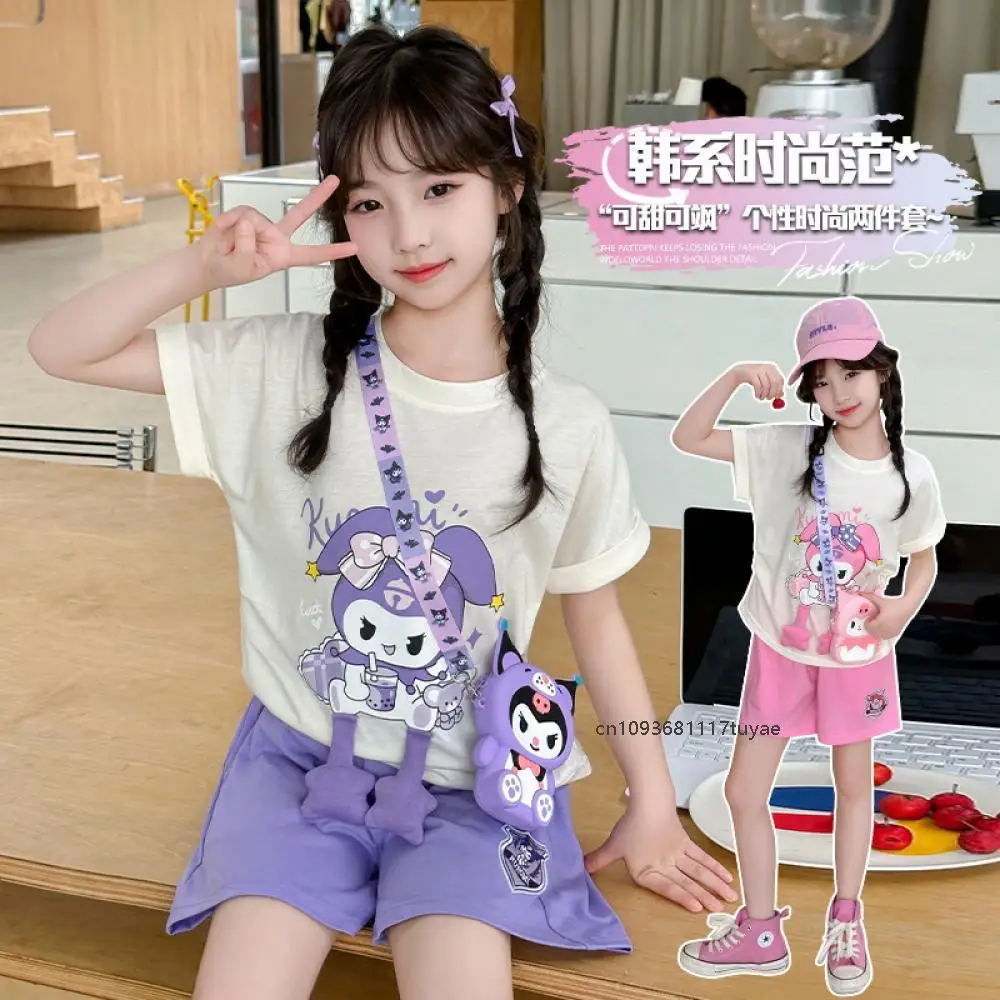 2Pcs Children' T-Shirt Set Kawaii Sanrio Kuromi Cartoon Cotton Embroidery Short Sleeve Shorts Casual Fashion Student Sweat Suit