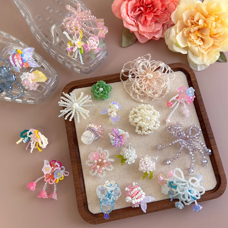 DIY Korean Beaded Flower Shoe Charms Clear Crystal Jelly Shoes Accessories Removable Clips for Sneakers Flats Sweet Decorations