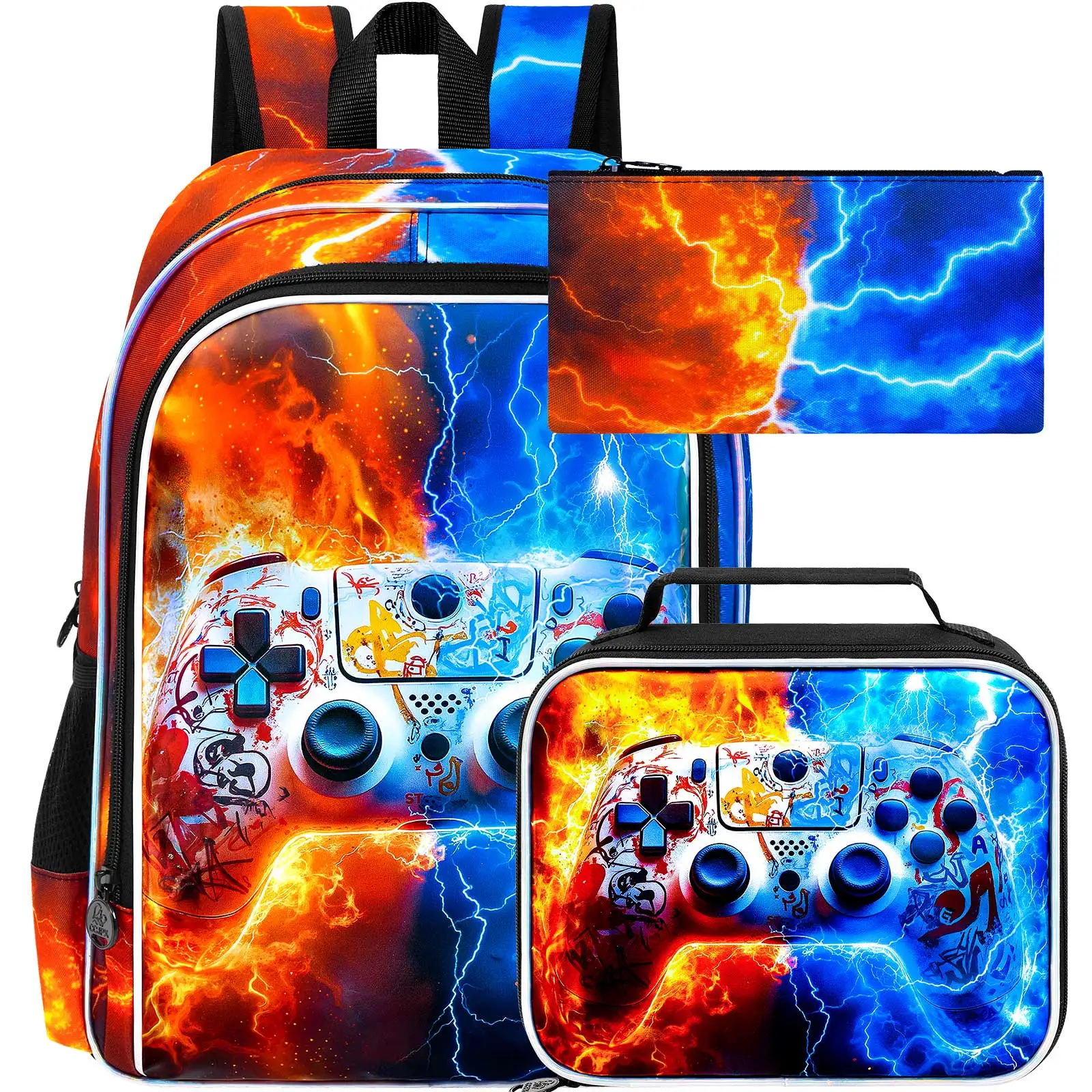 

3PCS Kids Game Bookbag, 17" Boys Backpack with Lunch Box, Water Resistant Middle Elementary School Bag - Fire & Lightning Game