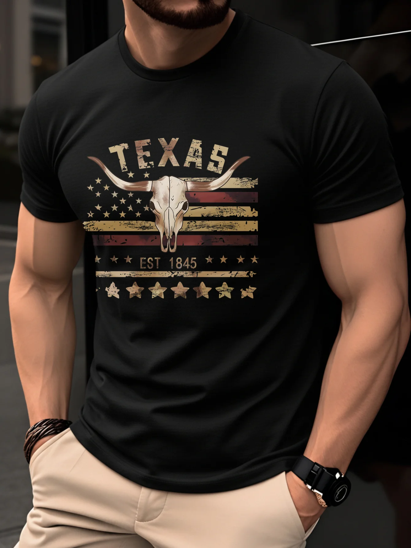 Camiseta de Manga Corta para Hombre, Verano, 100% Algodón, Casual, Retro, con Estampado de Hueso de Toro Longhorn de Texas, Cuello Redondo, Holgada y Transpirable