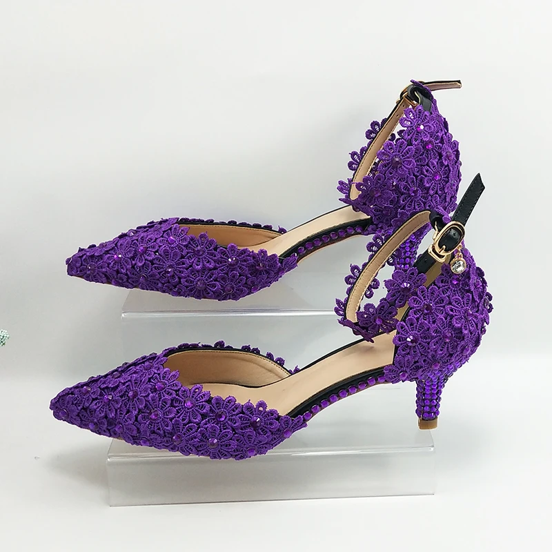 Purple Lace Flower Wedding Shoe And Bag Set Crystal Heels Pointed Toe Ankle Strap Ladies Party shoe with matching bag Lace-up