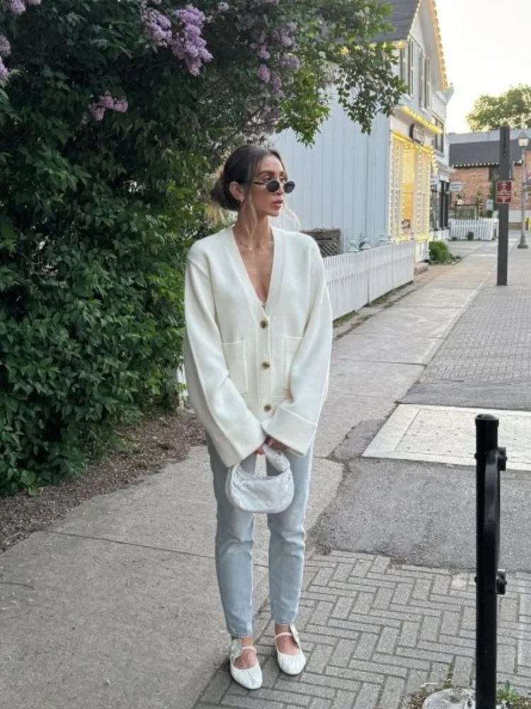 Vintage Knit Cardigan Women Casual Loose Big Sleeves V Neck Pockets Sweater Female 2025 Autumn Winter Solid Fashion Knitwears