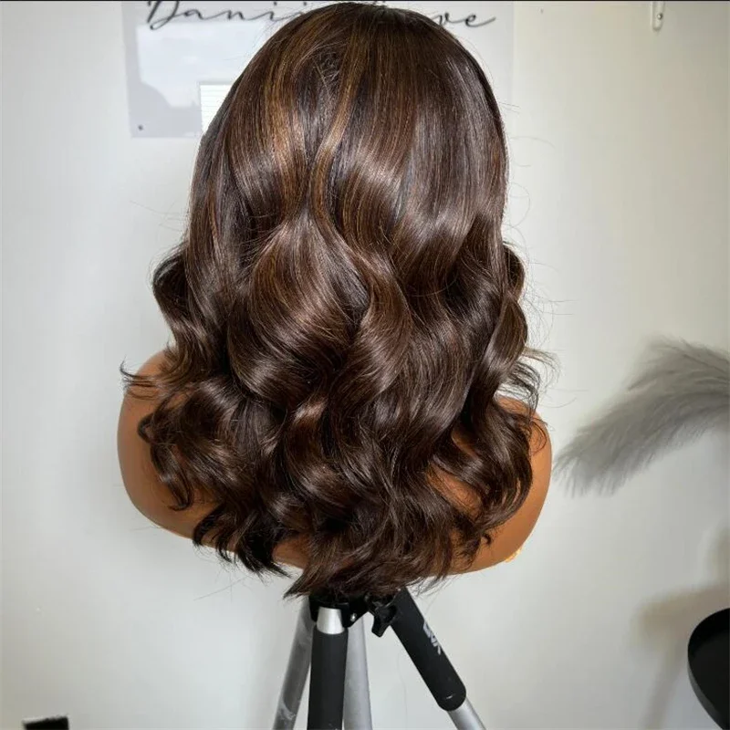 Perruque Lace Front Wig Body Wave sans colle pour femme, cheveux synthétiques, longs, doux, brun foncé, cheveux de bébé, préplumés, densité 180%, 22 po, 03/3