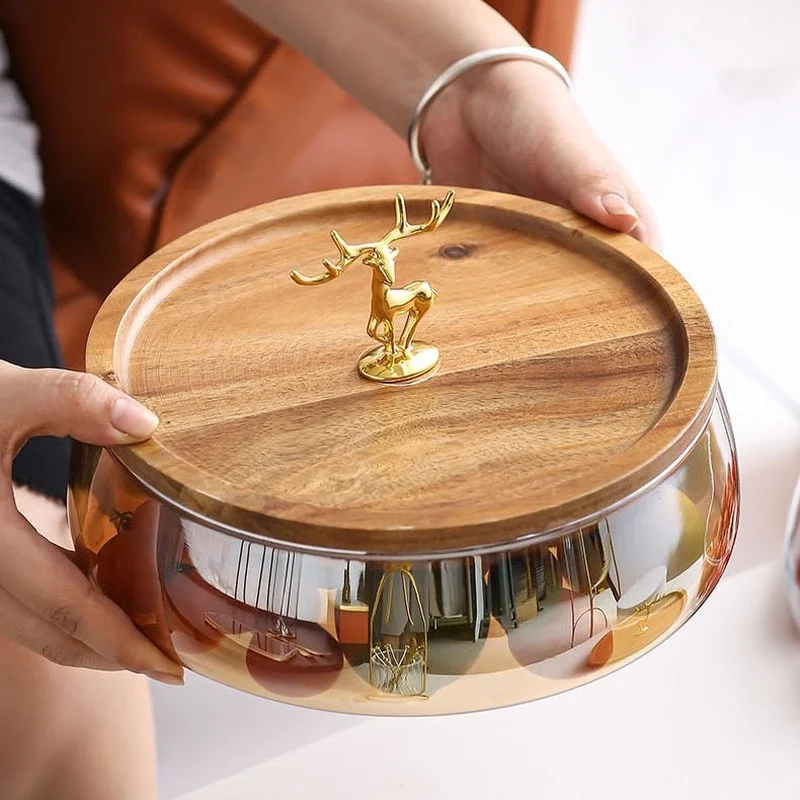 

Golden Deer Wood Lid Fruit Plate Glass Container with 6 Fruit Forks Storage Cup Coffee Table Snacks Candy Box Nut Plate with Lid