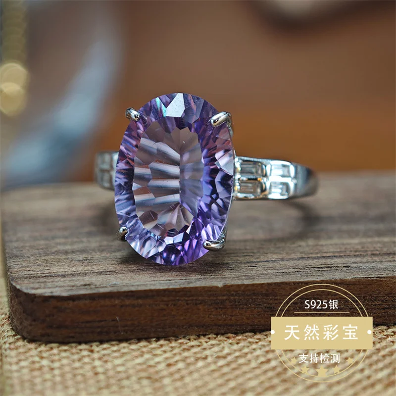 

Natural Big Size Amethyst Wedding Ring for Women 925 Sterling Silver Adjustable Size Girl Lady Jewelry Gift Christmas Birthday