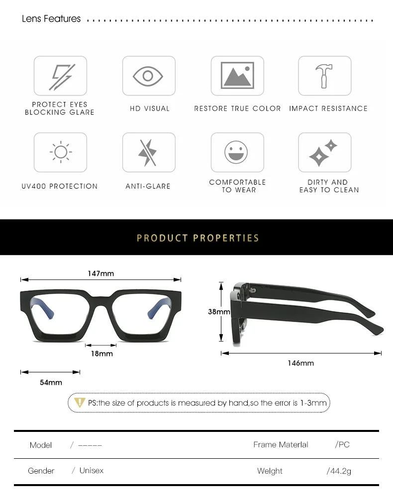 Marke männer Platz Gläser Rahmen Optische Photochrome Blau Licht Lesebrille Retro Große Brillen Klassische Computer Gläser – Detail 4