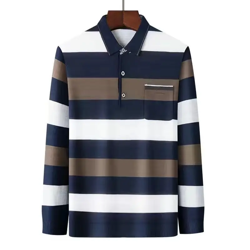 Spring and Autumn New Fashion Lapel Stripe Button Pocket Trend Contrast Color Long Sleeve Business Casual Versatile POLO Shirt