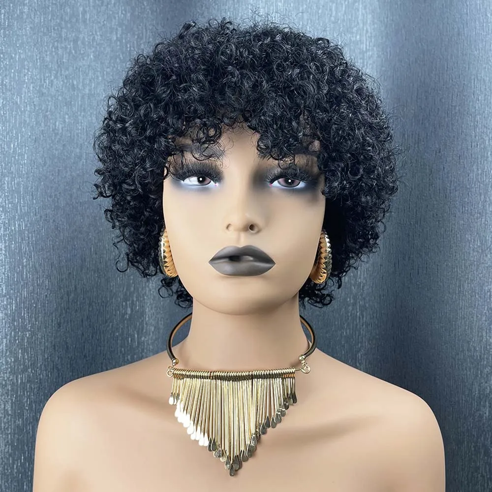 الأفرو غريب شعر مستعار مجعد ريمي الشعر البشري عابث قطع شعر مستعار للنساء السود قصيرة شعر بشري أسود الباروكات مع الانفجارات آلة عابث صنع شعر مستعار