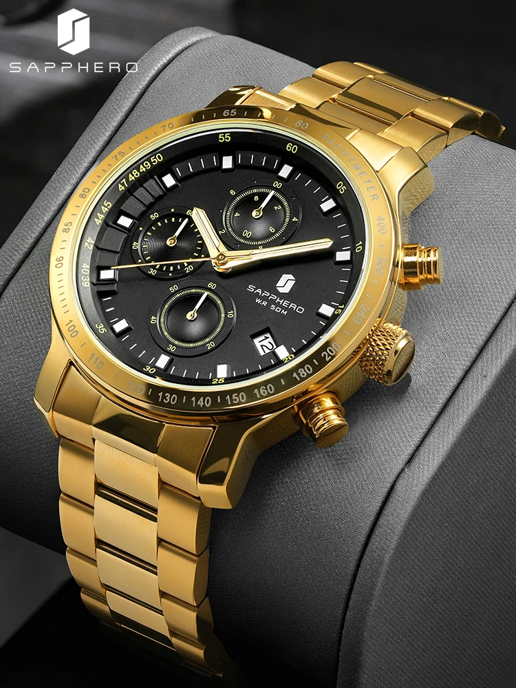 SAPPHERO ساعات رجالية ماركات فاخرة ساعات ستانلس ستيل ذهبية كوارتز مقاومة للماء ساعات أنيقة يؤرخ الساعات على مدار الساعة