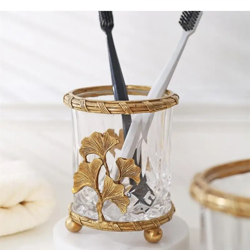 Brass Glass Storage Bucket Pen Holder Cup Cosmetic Brush Bottle Home Desktop Organizer Decorative Jar