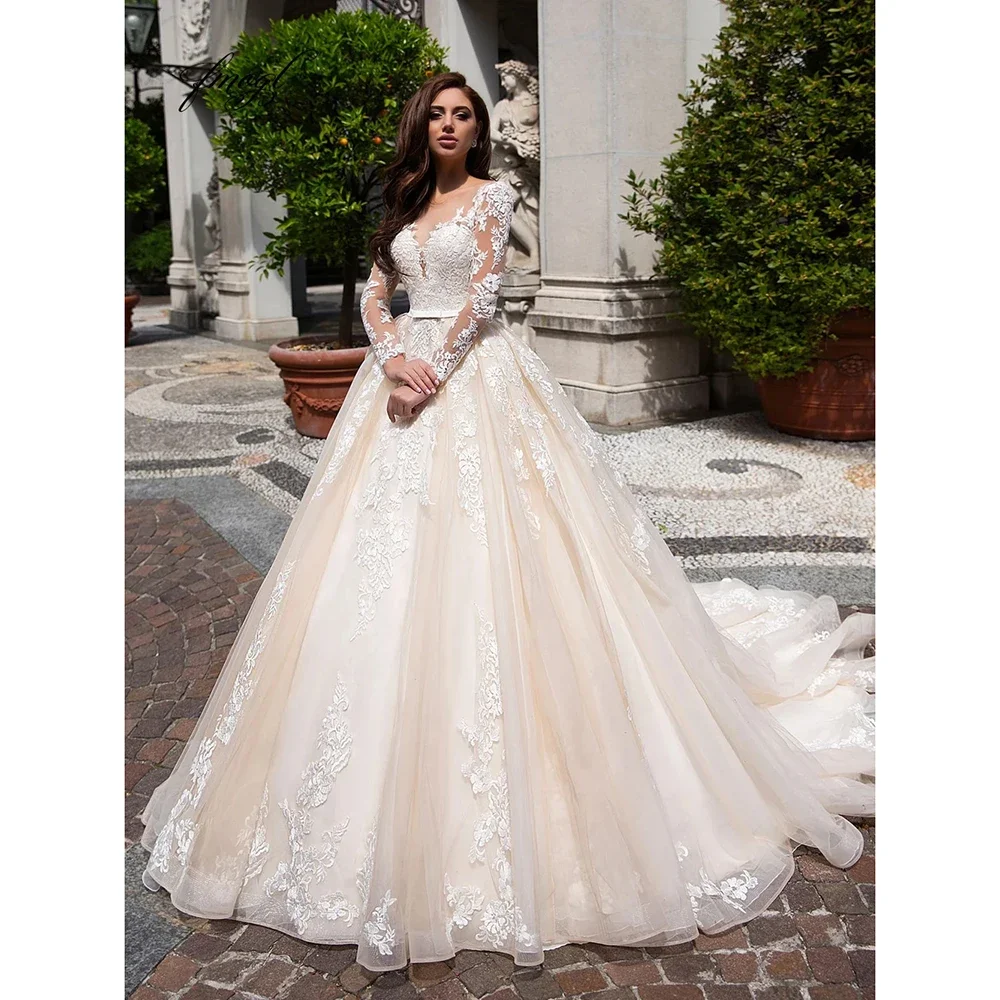 

customized Women's Ball Gown Wedding Dresses Scoop Neck High Waisted Full Sleeves Floor Length Bridal Gowns with Chapel Train