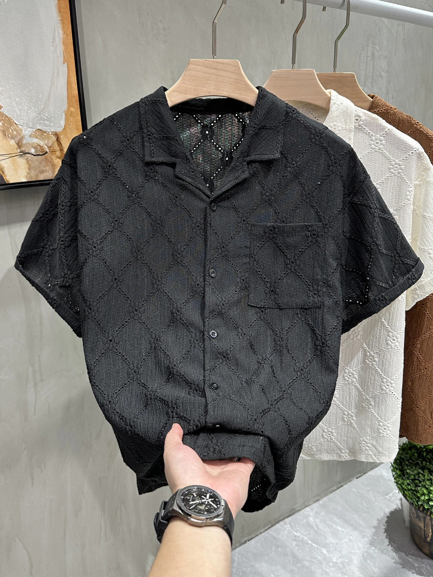 Cuban Collar Hollow out Retro Men's Short Sleeve Shirt High Street Cool Design Summer Casual Fashion Breathable Comfortable