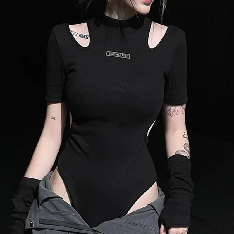 Biker Spice style hollowed-out tight-necked onesie summer new off-the-shoulder high-belt cuff top