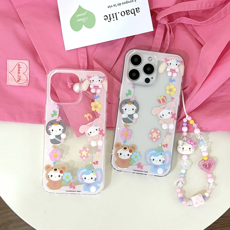 Cute Sanrio Pink Pendant Hello Kitty Keychain Beading Phone Chain Original Decoration Accessories Gifts Handbook Camera Pendant