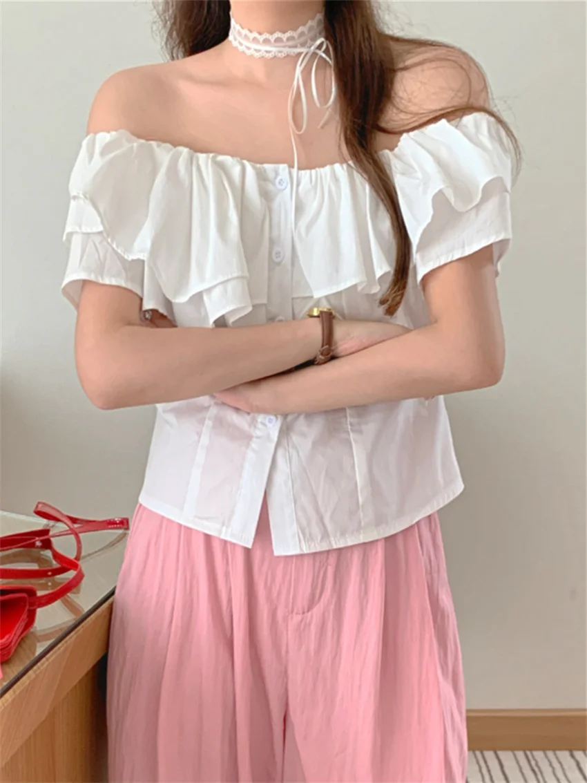 Alien Kitty Summer Ruffles Shirt Women Slash Neck Slim Flying Sleeve 2024 Daily Sweet Office Lady High Street Chic Gentle Mujer