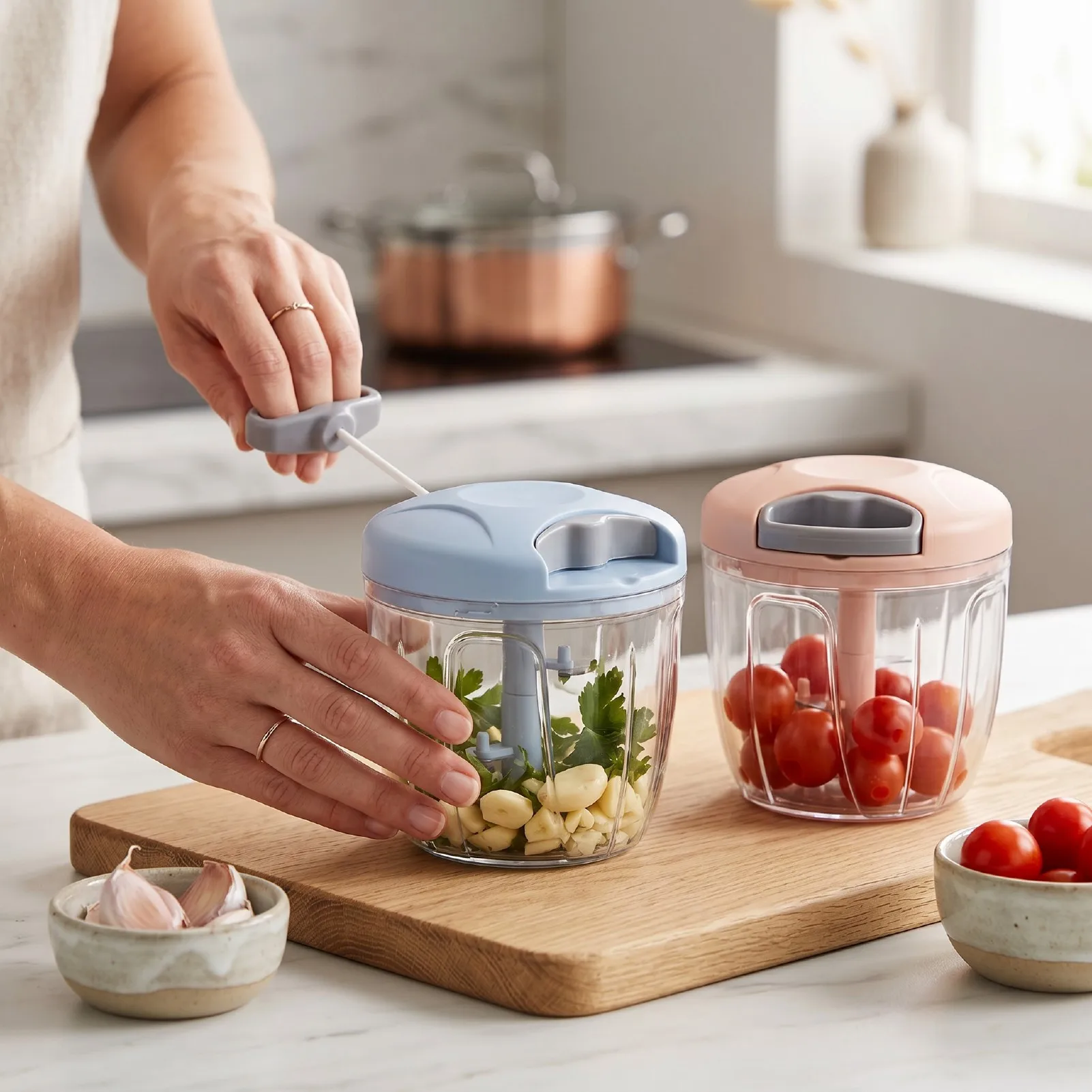2PCS Hand Pull Manual Food Chopper Garlic Mincer Vegetable Cutter w/ Multi-Layer Blades Rapid Mincing for Meat Garlic Baby Food