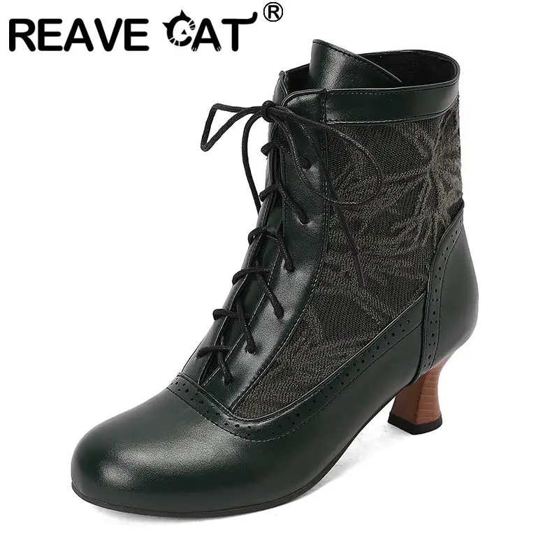 

REAVE CAT Винтажные женские ботильоны Кружевные элегантные повседневные ботильоны с круглым носком на странном каблуке 5,5 см на шнуровке Большой размер 46 47 48 49 50