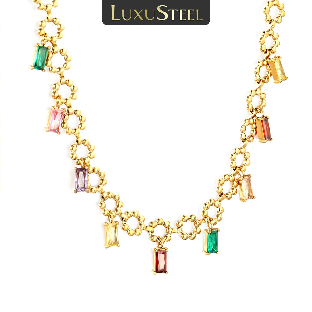LUXUSTEEL Fashionable Cubic Zirconia Golden Pendant Necklace Stainless Steel Female Necklace Colorful Chain Pendant Jewelry Gift
