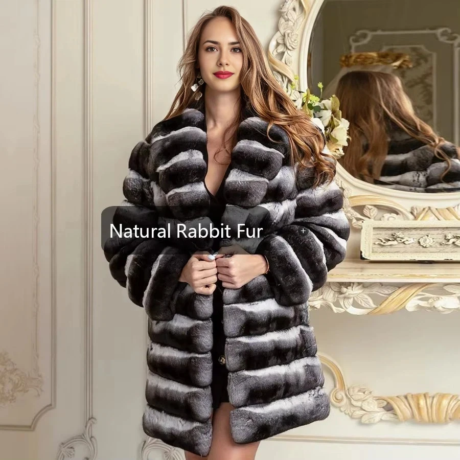 Winter Rabbit Fur Coats For Womens Fashion Luxury Chinchilla Rex Rabbit Fur Jackets With Turndown Collar